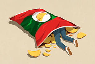 illustrated image of man crawling into a bag of potato chips